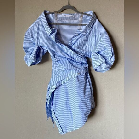 Alexander Wang Wrap Mini Blue White Shirt Dress Striped Size 0 - Picture 11 of 15
